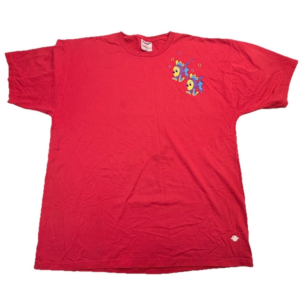 Vintage 90s Jerzees Tropical Fish Embroidered T Shirt Red USA Large